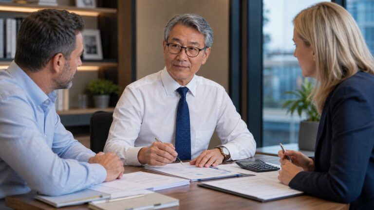 Simon Cho reviewing business sale tax records and purchase price allocation with advisors